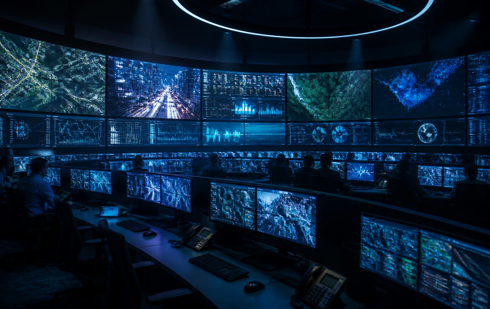 Integrated command and control center with a video wall showing GIS maps, city dashboards and forest monitoring