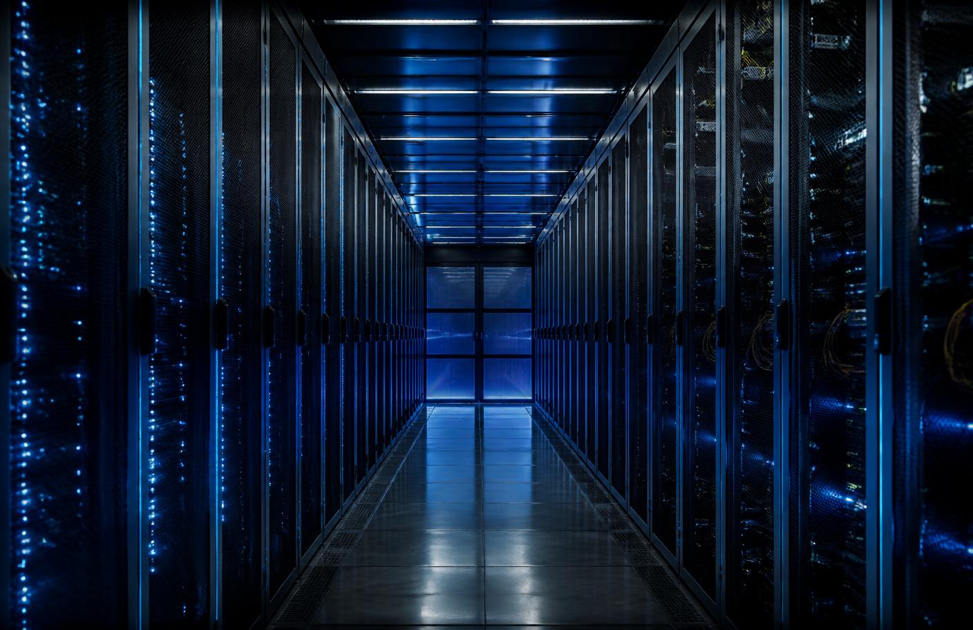 Data center corridor with server racks and blue indicator lights