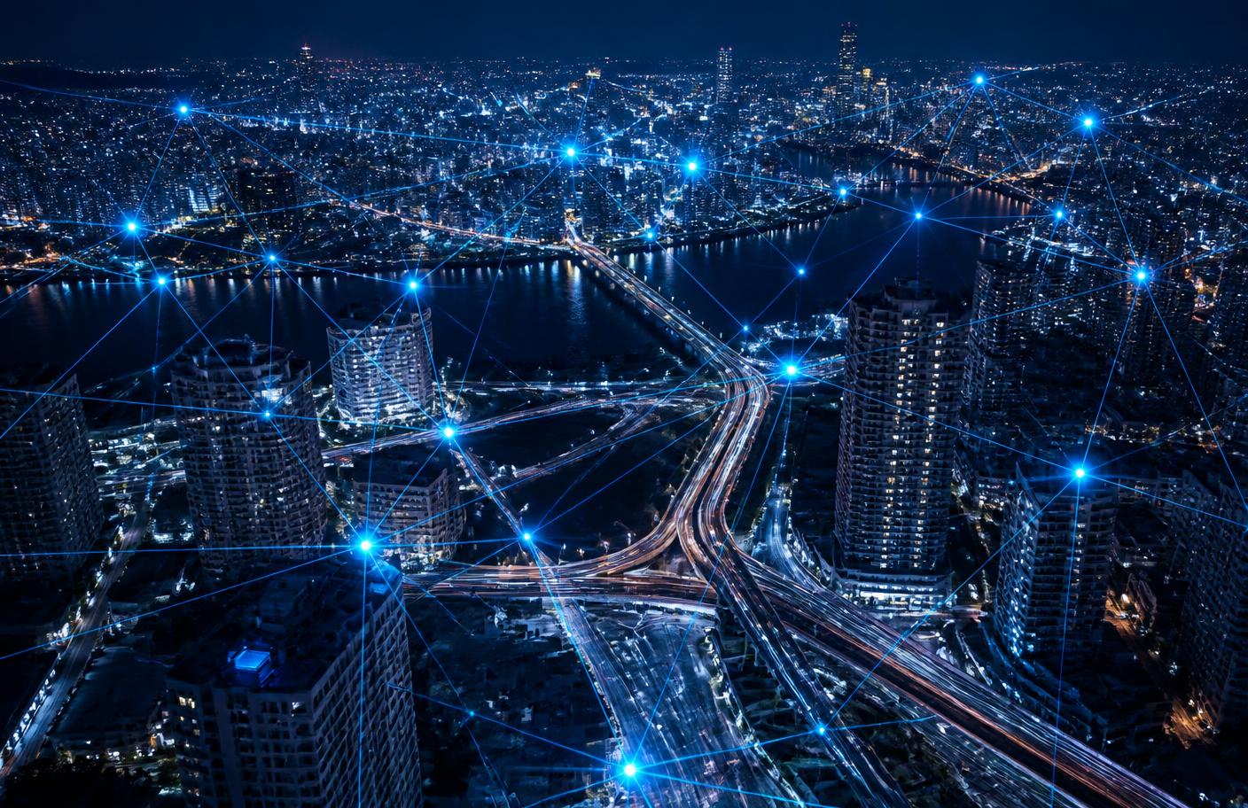 Smart city at night with a network of connected data nodes
